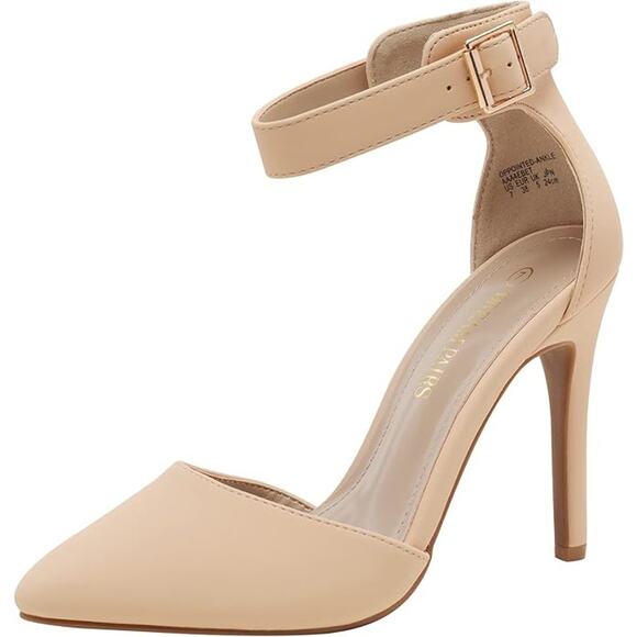 Dream Pairs 7 Nude‎ Nubuck Matte Ankle Strap Heels Pointed Toe Stiletto Wide - Picture 1 of 7